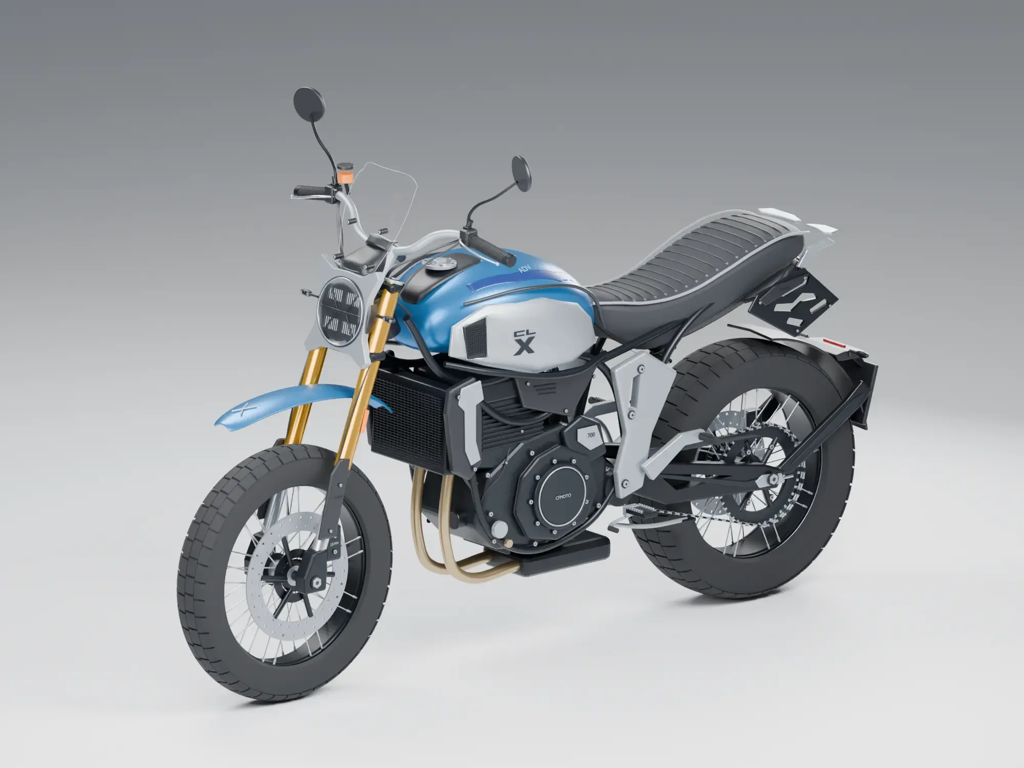 Render de un modelo 3D de una motocicleta celeste y blanca sobre fondo gris.